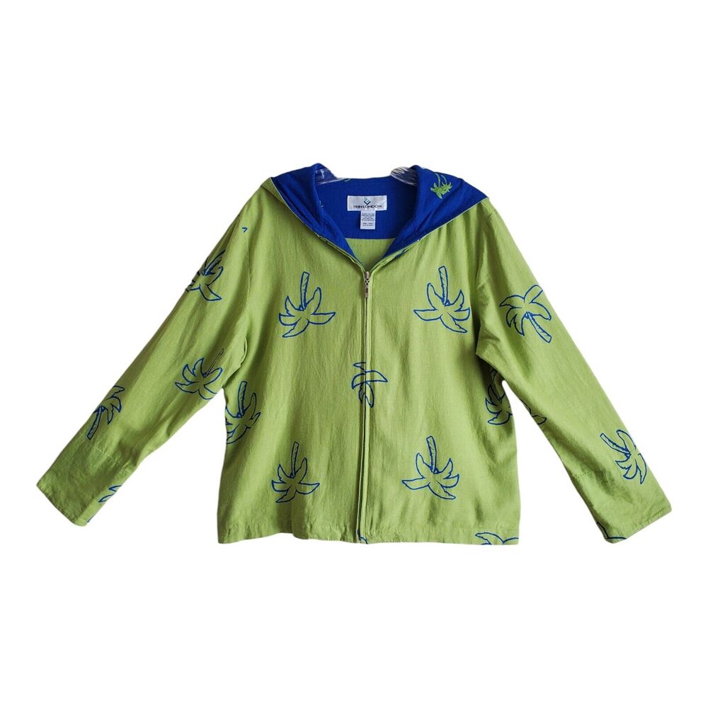 ERIN LONDON Women S Hooded Jacket Palm Trees Green Blue Full Zip Linen Blend 40"